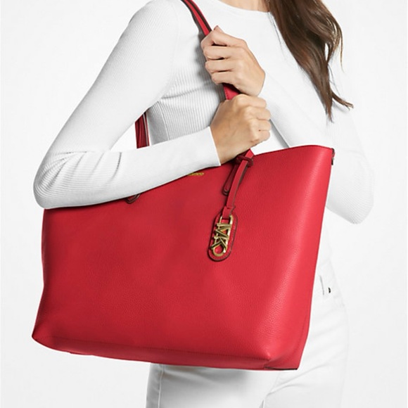 Michael Kors Eliza XL Leather REVERSIBLE Tote Bag Crimson beige NWTS sealed - Picture 6 of 7
